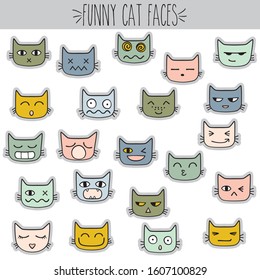 Cat Faces Kawaii Colored, Cute, Emotion, Funny, Character, freehand, silly, mood, smile, sleepy, crazy, head, facial expressions, emoji, creative, different, animal, cartoon, surprised, winking, joy