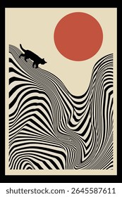 Um gato enfrenta um momento de púrpura-plexidade enquanto ele se arrasta para baixo de uma colina com um padrão de op-art.
