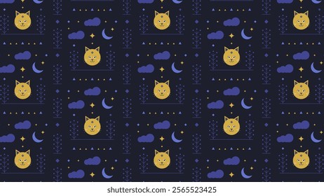 Cat Faces Pattern design with moon, clouds, and more. Vector illustration.