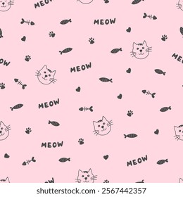 Cat faces, paws, meow seamless pattern vector. Hand drawn doodle pattern. Vector illustration