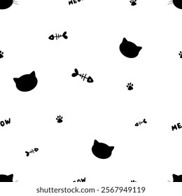 Cat faces, paws, meow seamless pattern vector. Hand drawn doodle pattern. Vector illustration