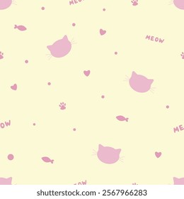 Cat faces, paws, meow seamless pattern vector. Hand drawn doodle pattern. Vector illustration