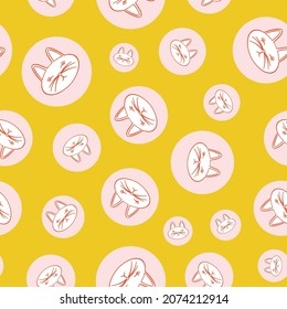 Cat Faces Polka Dot Pattern In Yellow And Pink Circles Background Print Design. Pop Art Vector Illustration. Fun And Cute Seamless Repeat Surface Design For Girls, Kids And Kitsch Home Decor