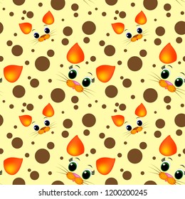 Cat faces seamless pattern with brown circles on orange background