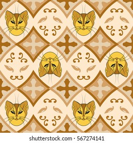 Cat faces seamless pattern. Morocco ornament. Vector background.

