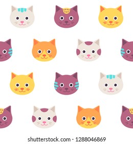 Cat faces seamless pattern. Vector. Cute kitten background. Animal head in flat design isolated on white. Cartoon illustration for textile, baby shower party, invitation template, scrapbook, cards.