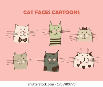 Cat faces vector illustration, hand drawn cats collection isolated on pink background
