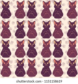 Cat Faces Vector Pattern, Hand Drawn Seamless Kitties Cartoon Silhouette Illustration for Trendy Fashion Prints, Animal Stationery, Feline Friends Gift Wrapping, Wallpaper, Purple Pet Store Backdrops 