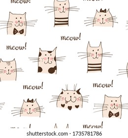 Cat faces vector seamless pattern, hand drawn cats with text Meow isolated on white background