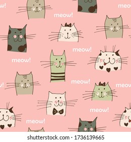 Cat faces vector seamless pattern; hand drawn cats with text Meow isolated on pink background
