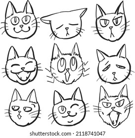 Cat facial expression black and white set