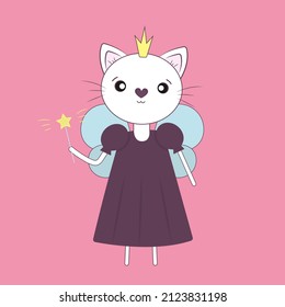 Cat fairy character isolated on pink background. Poster for greeting and invitation cards, children's books, stationery and clothes. Vector illustration.