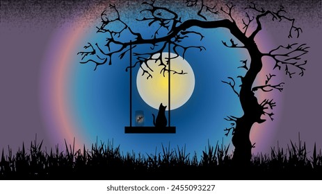 Cat and fairy in a jar sitting on a swing under a tree at night