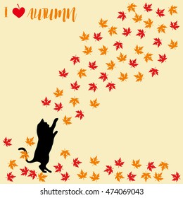 Cat and falling autumn leaves. Maple leaf, autumnal. Cats silhouettes.