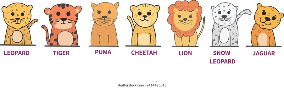  cat family cartoon isolated vector art,lion,cheetah,puma,cute little big cat family animals