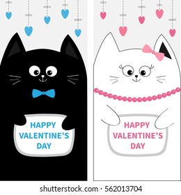 Cat Family Couple With Bow. Flyer Poster Set. Cute Funny Cartoon Character. Hanging Pink Blue Heart. Dash Line. Happy Valentines Day. Greeting Card. Flat Design. White Background. Vector Illustration