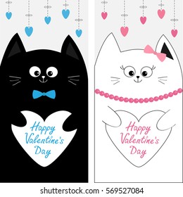 Cat family couple holding white heart shape paper. Flyer poster set. Cute funny cartoon character. Hanging dash line. Happy Valentines day. Greeting card. Flat design. Gray background. Vector