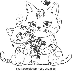 Cat Family: A Cute Mother Cat and Kitten Cuddling Coloring Page Vector - 02