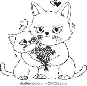 Cat Family: A Cute Mother Cat and Kitten Cuddling Coloring Page Vector - 01