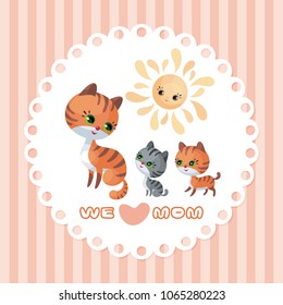 Cat family. Mother’s Day greeting card with cute animals and their cubs. Colorful vector illustration in cartoon style.