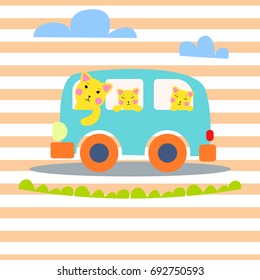 Cat family in hipster van vector illustration for kid apparel tee print.