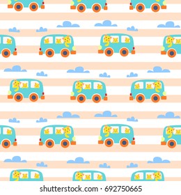 Cat family in hipster van vector illustration for kid apparel seamless pattern.