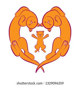 Cat family. Mom cat, dad cat and little kitten sleep. The fur color of the cats is red, the noses and paw pads are pink. Vector illustration.