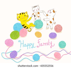 cat family playing yarn ball vector illustration