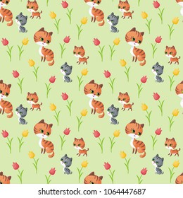 Cat family. Seamless pattern with cute animals and their cubs. Colorful vector background in cartoon style.