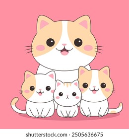 Cat family set. Four cute kitten. Mother and babies. Funny face. Contour line doodle. Orange, white, gray colors. Cartoon kawaii character. Sticker. Childish style. Flat design. Pink background Vector