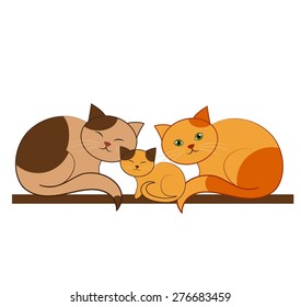 Cat family with two adult cats and a small kitten, sitting together on a shelf. Stylized vector illustration.