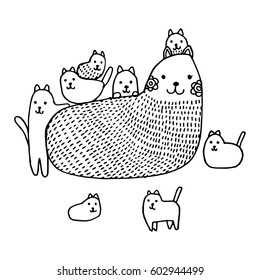 Cat Family Vector, Zen tangle stylized cartoon, Hand drawn sketch for adult coloring page, T-shirt emblem, logo or tattoo with doodle.