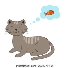 Cat fat cute brown with stripes of unusual colors in a cartoon style lies with closed eyes and dreams of a small tasty fish drawn in a speech bubble. Vector illustration isolated on white background