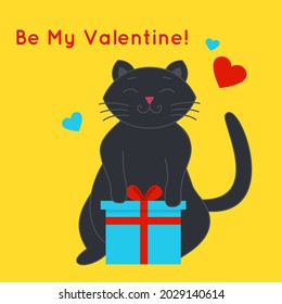 Cat fat cute joyful with closed eyes stands near a box with a gift. Inscription Be my Valentine. Valentines day greeting card. Poster and banner.Vector illustration isolated on yellow background