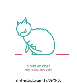 Cat fearful behavior signal. Domestic animal or pet body language. Fear, anxiety. I am scared. Kitty reaction. Simple icon, symbol, sign. Editable vector illustration isolated on white background   