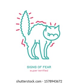 Cat fearful behavior signal. Domestic animal or pet body language. Fear and anxiety. I am terrified. Kitty reaction. Simple icon, symbol, sign. Editable vector illustration on a white background   