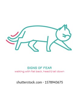 Cat fearful behavior signal. Domestic animal or pet body language. Fear and anxiety. I am fearful. Kitty reaction. Simple icon, symbol, sign. Editable vector illustration isolated on white background