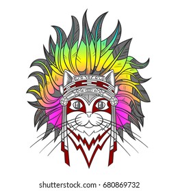 Cat with feathers on head. drawing grunge tattoo art. vector illustration