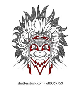 Cat with feathers on head. drawing grunge tattoo art. vector illustration