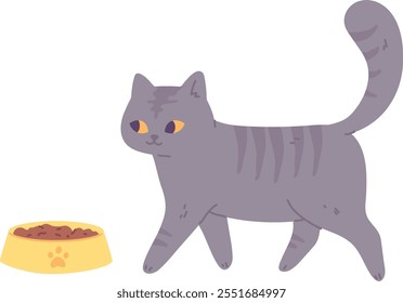 Alimento para gatos. Gatito gris lindo y cuenco del animal doméstico aislado en el fondo blanco