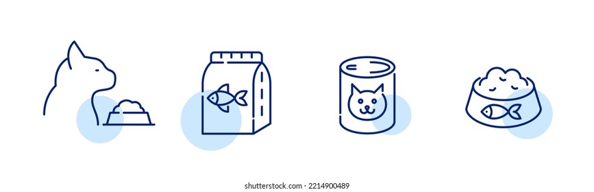 Cat feeding icons. Package, can and bowl of cat food. Pixel perfect, editable stroke