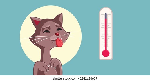 
Cat Feeling Bad During Hot Summer Days Vector Illustration. Pet animal feeling unwell duet to dehydration and hyperthermia 
