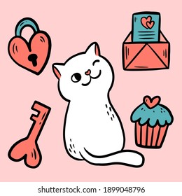 Cat feeling love and chilled. With envelope, cake, locker and key for valentine celebration.