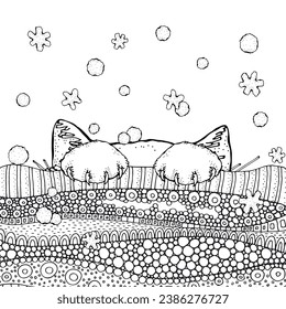 Cat feet and ears. A cat hiding. Snowflakes, Winter, Christmas, New Year. Pattern for coloring book