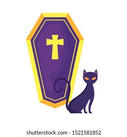 cat feline animal of halloween with coffin vector illustration design