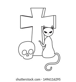 cat feline halloween with cross and skull