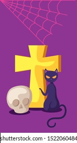 cat feline halloween with cross and skull vector illustration