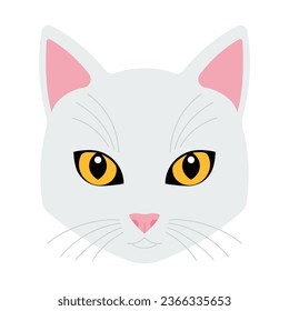 Cat. Feline head - yellow eyes, ears, pink nose, white cat fur, long whiskers. Domestic cats face. Front view. Minimalist vector illustration. Isolated