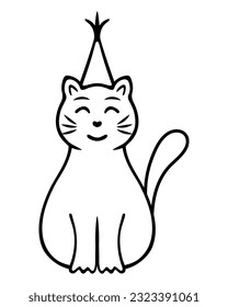 Cat in a festive cap. Sketch. Vector illustration. Smiling muzzle. Animal in a hat with a tassel on top. Doodle style. The kitten is celebrating a birthday. Outlines on an isolated background.