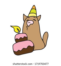 A cat in a festive hat blows out a candle on the cake .Vector children's design for greeting cards, banners.